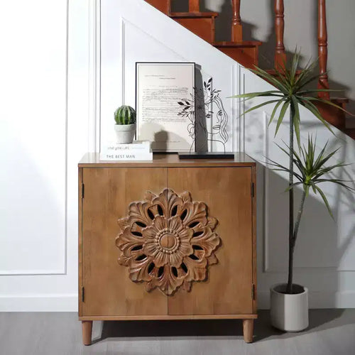 Okak Accent Storage Cabinet with Floral Hand-Carved and Wooden 2-Door, Entryway Cabinet for Living Room, Kitchen, Brown