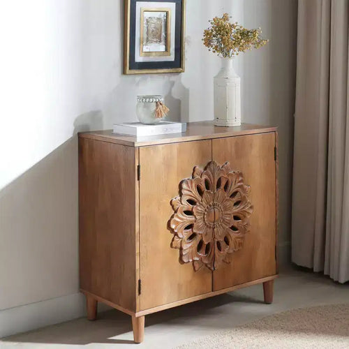 Okak Accent Storage Cabinet with Floral Hand-Carved and Wooden 2-Door, Entryway Cabinet for Living Room, Kitchen, Brown