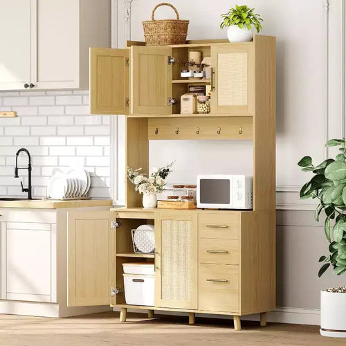 CuisinSmart 71'' Tall Rattan Coffee Bar Cabinet, Wood Kitchen Hutch Cabinet with 6 Hooks, 3 Drawers & 5 Doors, Rustic Pantry cabinet for Dining Room