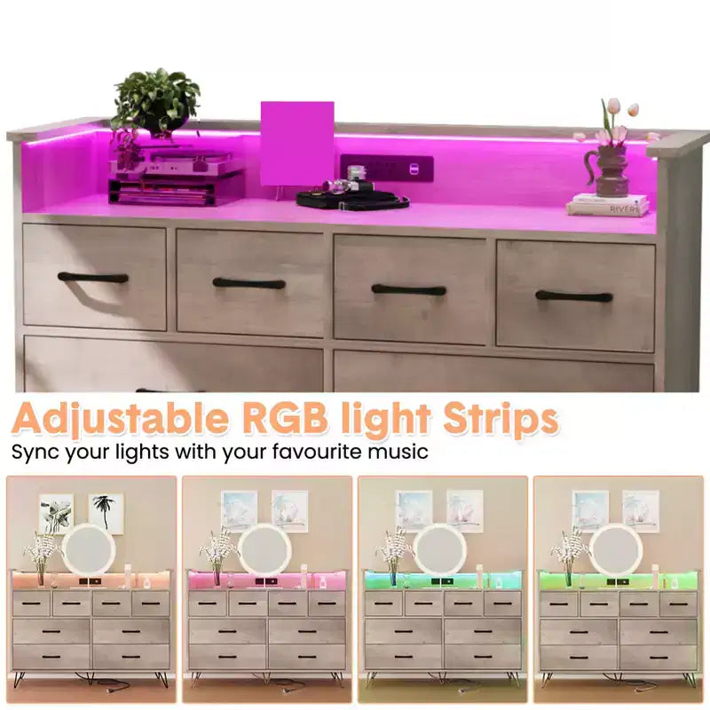 COZONY Dresser TV Stand 8-Drawer Wooden Entertainment Center with LED Light Charging Station Wide Storage for Bedroom Living Room