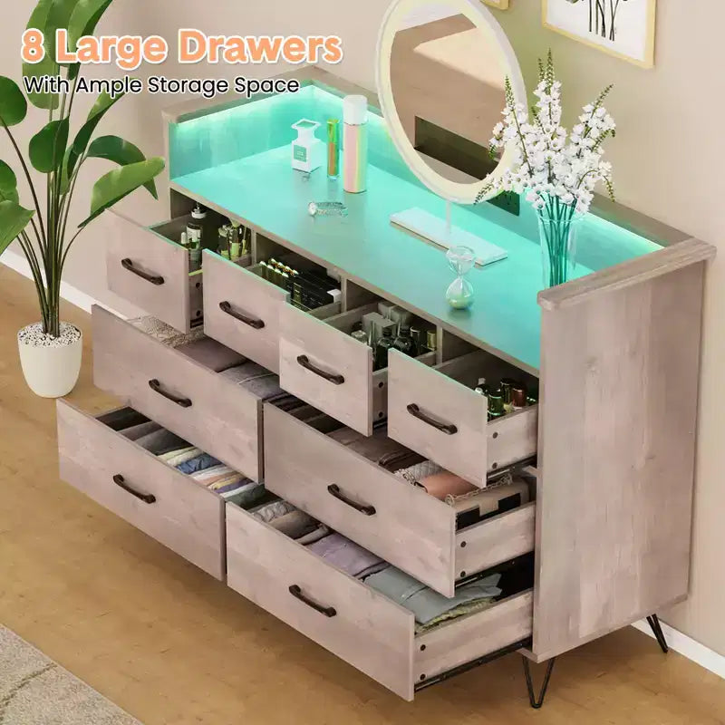 COZONY Dresser TV Stand 8-Drawer Wooden Entertainment Center with LED Light Charging Station Wide Storage for Bedroom Living Room