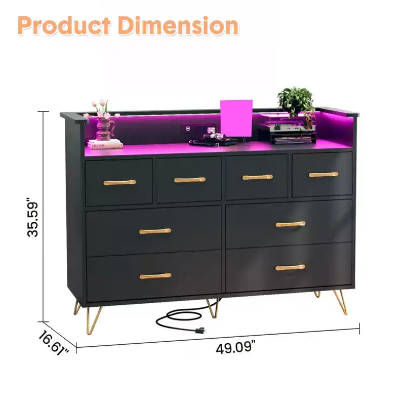 COZONY Dresser TV Stand 8-Drawer Wooden Entertainment Center with LED Light Charging Station Wide Storage for Bedroom Living Room
