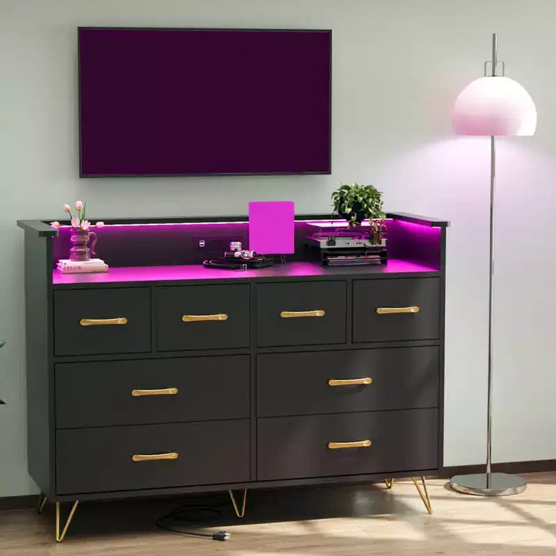 COZONY Dresser TV Stand 8-Drawer Wooden Entertainment Center with LED Light Charging Station Wide Storage for Bedroom Living Room