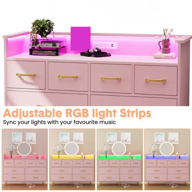 COZONY Dresser TV Stand 8-Drawer Wooden Entertainment Center with LED Light Charging Station Wide Storage for Bedroom Living Room
