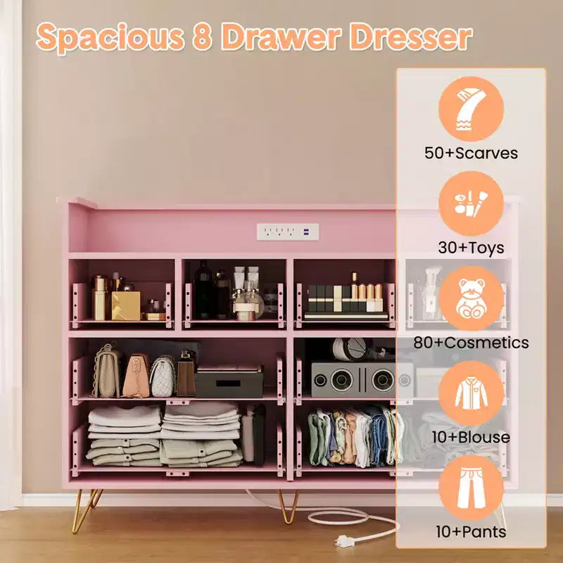 COZONY Dresser TV Stand 8-Drawer Wooden Entertainment Center with LED Light Charging Station Wide Storage for Bedroom Living Room