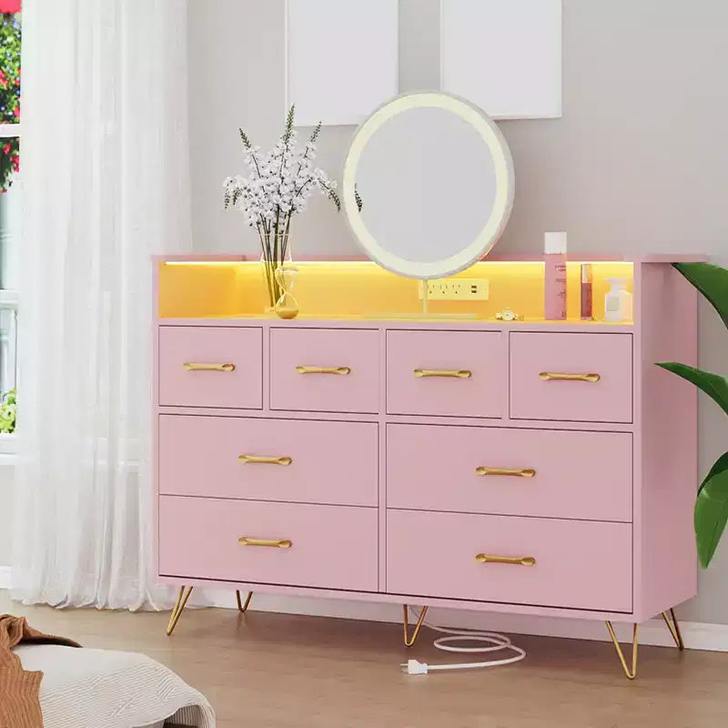 COZONY Dresser TV Stand 8-Drawer Wooden Entertainment Center with LED Light Charging Station Wide Storage for Bedroom Living Room