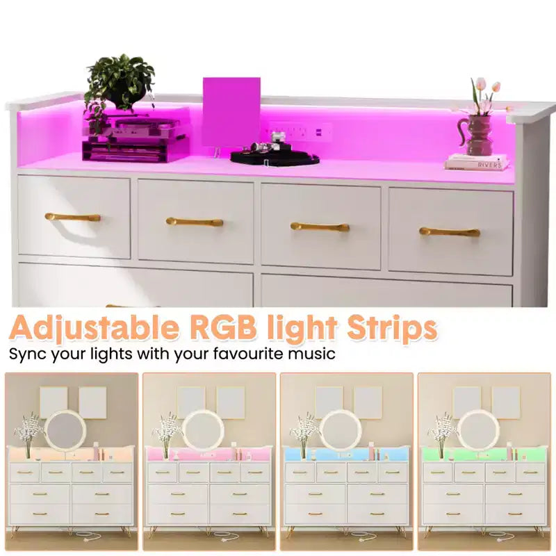COZONY Dresser TV Stand 8-Drawer Wooden Entertainment Center with LED Light Charging Station Wide Storage for Bedroom Living Room