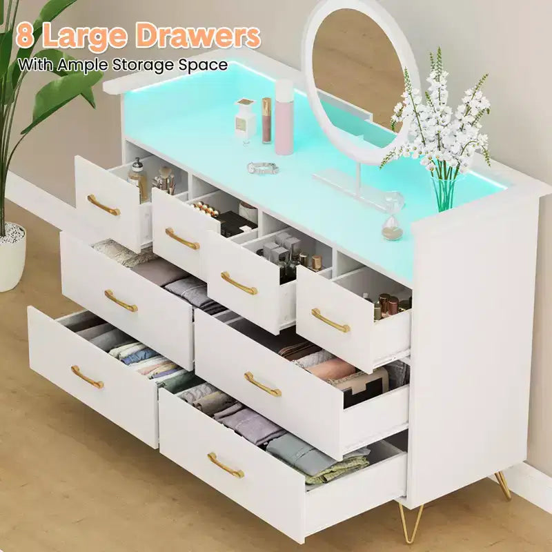 COZONY Dresser TV Stand 8-Drawer Wooden Entertainment Center with LED Light Charging Station Wide Storage for Bedroom Living Room