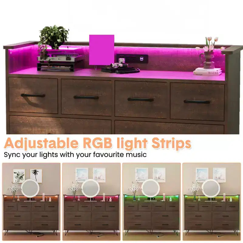 COZONY Dresser TV Stand 8-Drawer Wooden Entertainment Center with LED Light Charging Station Wide Storage for Bedroom Living Room