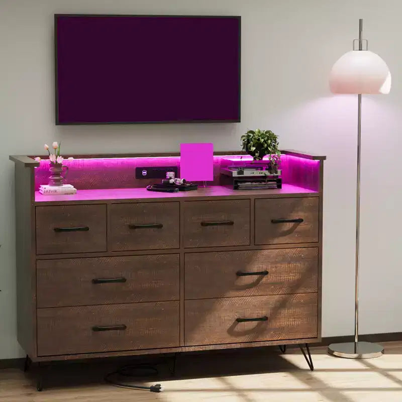 COZONY Dresser TV Stand 8-Drawer Wooden Entertainment Center with LED Light Charging Station Wide Storage for Bedroom Living Room