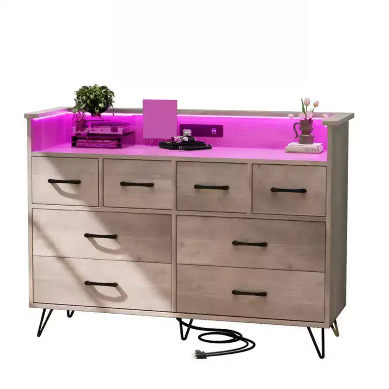 COZONY Dresser TV Stand 8-Drawer Wooden Entertainment Center with LED Light Charging Station Wide Storage for Bedroom Living Room