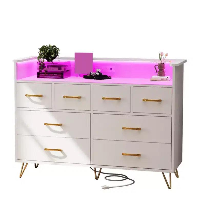 COZONY Dresser TV Stand 8-Drawer Wooden Entertainment Center with LED Light Charging Station Wide Storage for Bedroom Living Room