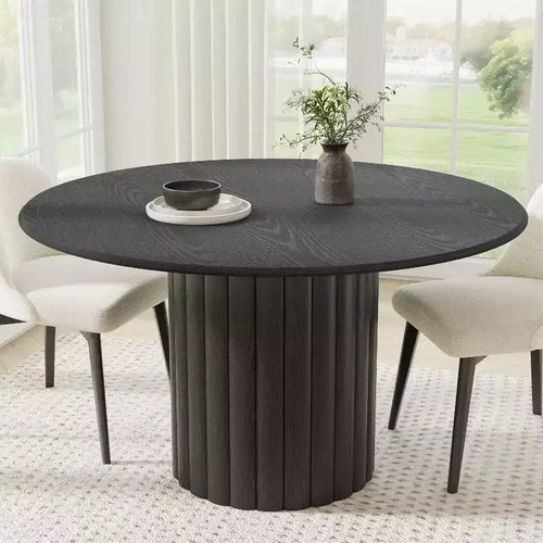 PexFix 52 Wood Round Dining Table Kitchen Table for 4-6 with Arc-Shaped Edge Top & Textured Pedestal for Living/Dining Room Coffee Office Black