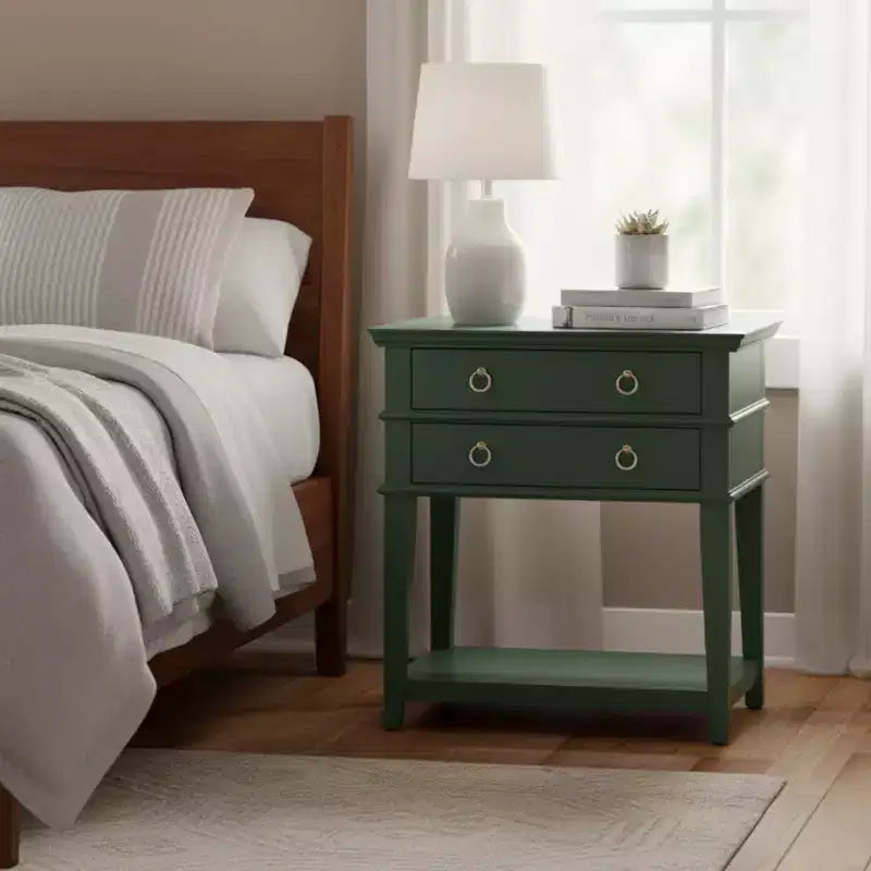 GDFStudio Declan Mid-Century Modern 26 2-Drawer Tray Top Nightstand with Open Shelf