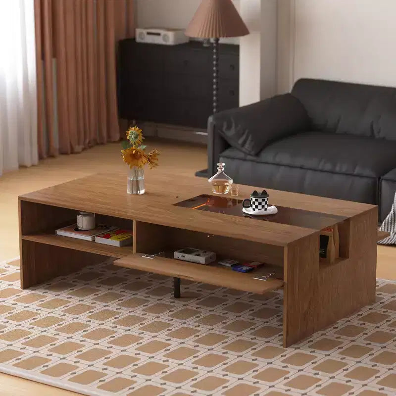Luck Live Modern 51.1 Rectangular Coffee Table with LED Ambient Lights and Two Dust-Proof Storage Compartments Walnut Color