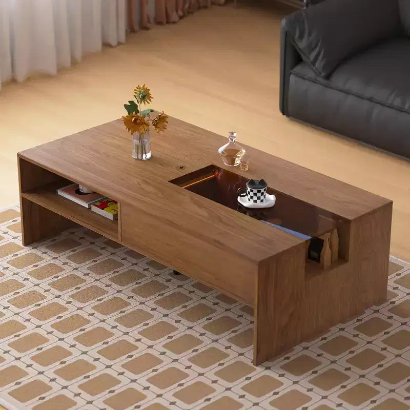 Luck Live Modern 51.1 Rectangular Coffee Table with LED Ambient Lights and Two Dust-Proof Storage Compartments Walnut Color