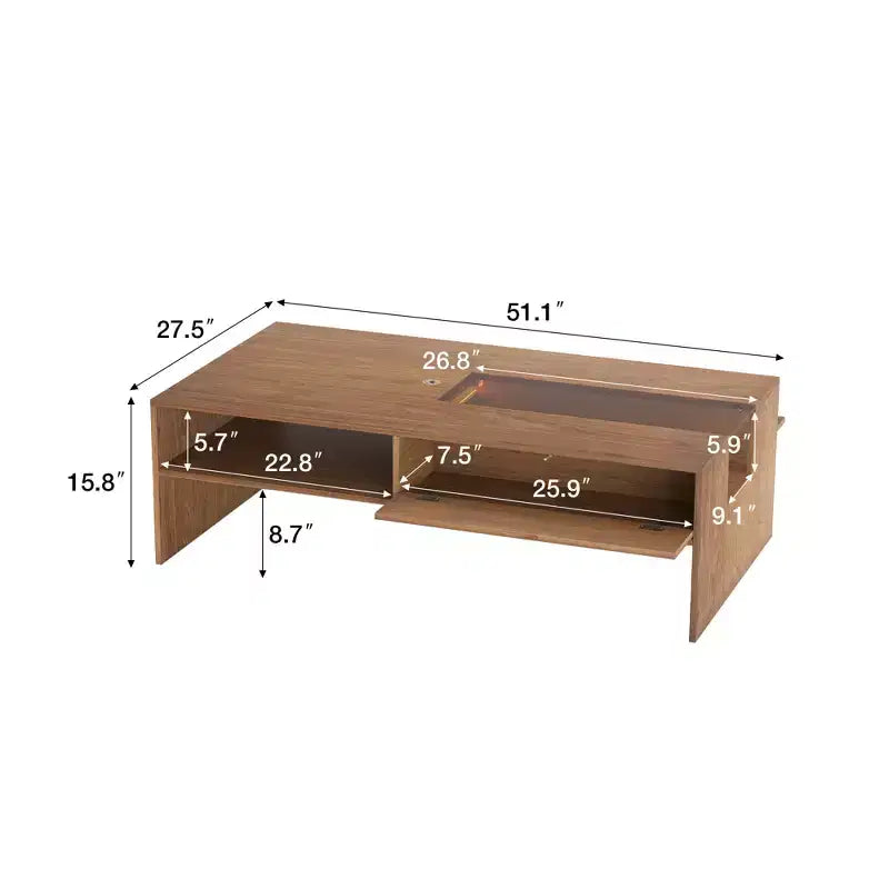 Luck Live Modern 51.1 Rectangular Coffee Table with LED Ambient Lights and Two Dust-Proof Storage Compartments Walnut Color