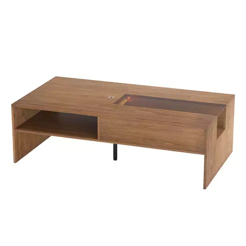 Luck Live Modern 51.1 Rectangular Coffee Table with LED Ambient Lights and Two Dust-Proof Storage Compartments Walnut Color
