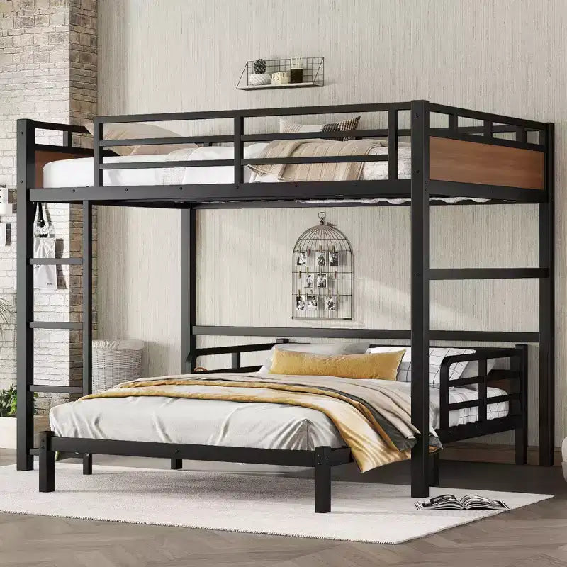 Full over Full Metal Bunk Bed/Metal Loft Bed,Separable Bunk Beds,with Raised Security Fence,Walnut Color