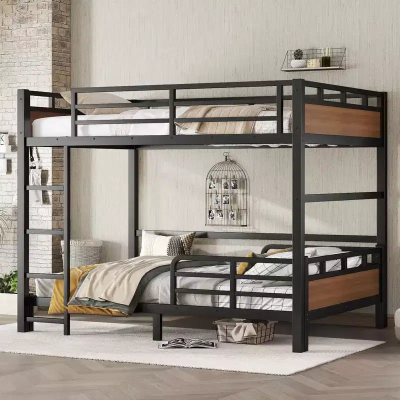 Full over Full Metal Bunk Bed/Metal Loft Bed,Separable Bunk Beds,with Raised Security Fence,Walnut Color