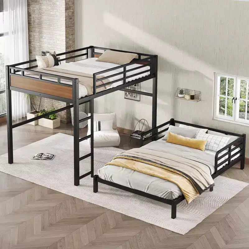Full over Full Metal Bunk Bed/Metal Loft Bed,Separable Bunk Beds,with Raised Security Fence,Walnut Color