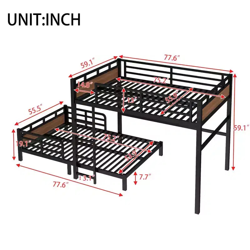Full over Full Metal Bunk Bed/Metal Loft Bed,Separable Bunk Beds,with Raised Security Fence,Walnut Color