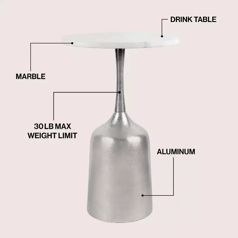 JONATHAN Y Pip 20.25 Classic Designer Metal Drink Table & Decorative End Table with White Marble Round Top & Bell Pedestal Base
