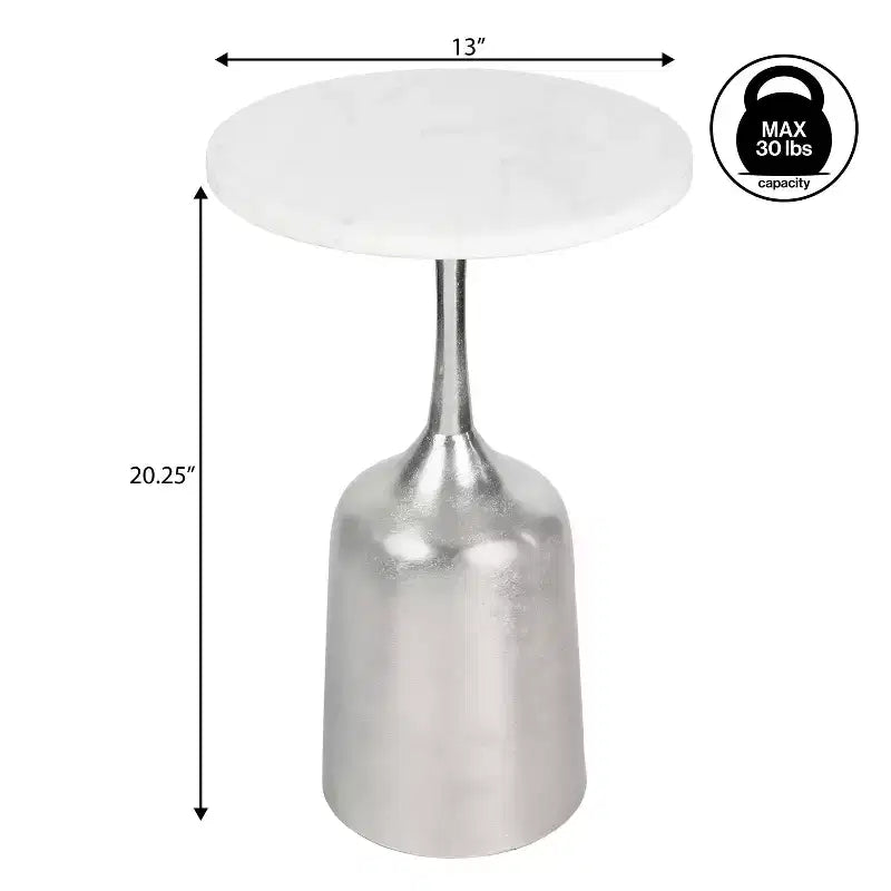 JONATHAN Y Pip 20.25 Classic Designer Metal Drink Table & Decorative End Table with White Marble Round Top & Bell Pedestal Base
