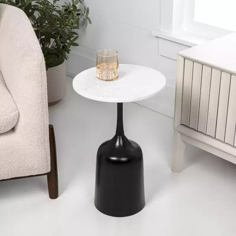 JONATHAN Y Pip 20.25 Classic Designer Metal Drink Table & Decorative End Table with White Marble Round Top & Bell Pedestal Base