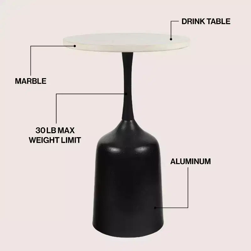 JONATHAN Y Pip 20.25 Classic Designer Metal Drink Table & Decorative End Table with White Marble Round Top & Bell Pedestal Base