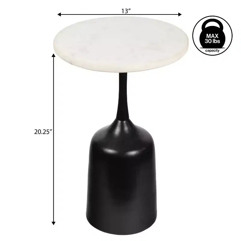 JONATHAN Y Pip 20.25 Classic Designer Metal Drink Table & Decorative End Table with White Marble Round Top & Bell Pedestal Base