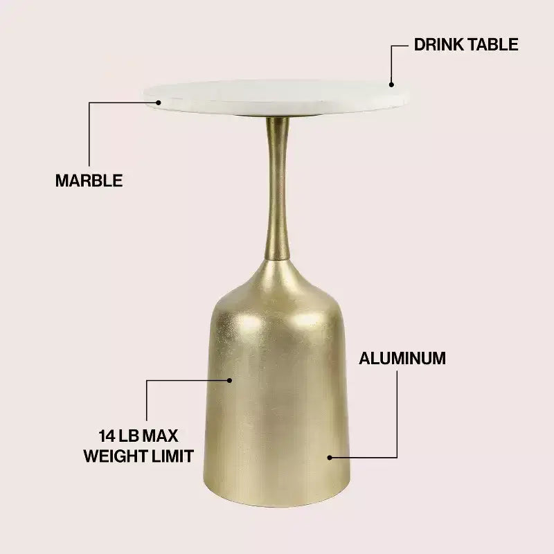 JONATHAN Y Pip 20.25 Classic Designer Metal Drink Table & Decorative End Table with White Marble Round Top & Bell Pedestal Base