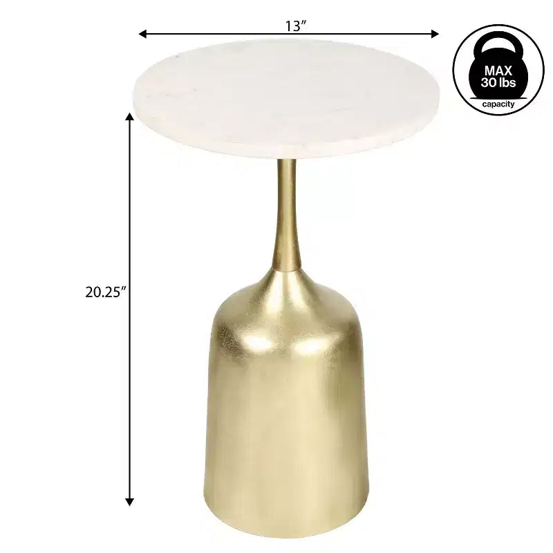 JONATHAN Y Pip 20.25 Classic Designer Metal Drink Table & Decorative End Table with White Marble Round Top & Bell Pedestal Base