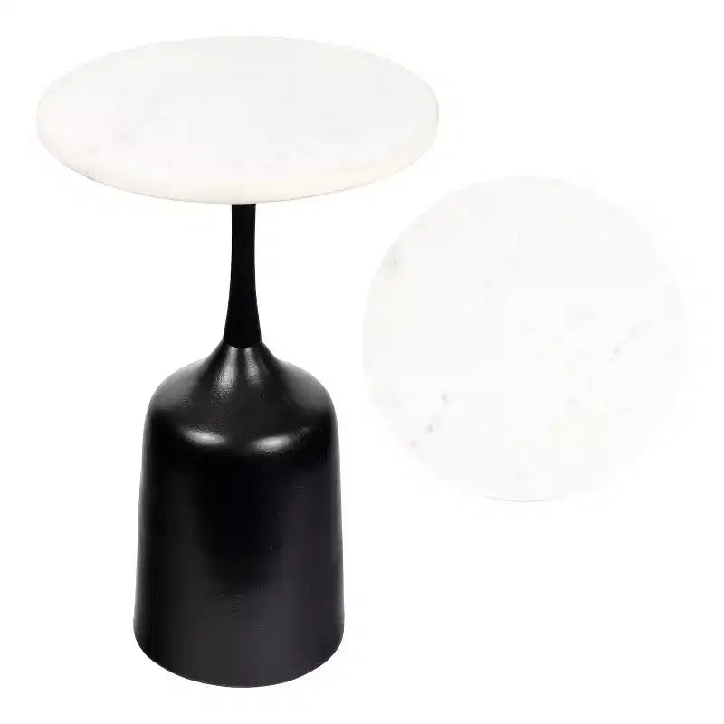 JONATHAN Y Pip 20.25 Classic Designer Metal Drink Table & Decorative End Table with White Marble Round Top & Bell Pedestal Base