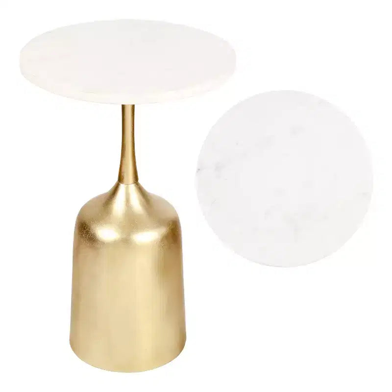 JONATHAN Y Pip 20.25 Classic Designer Metal Drink Table & Decorative End Table with White Marble Round Top & Bell Pedestal Base