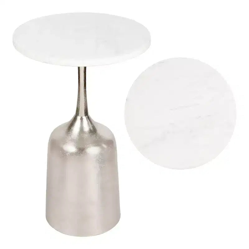 JONATHAN Y Pip 20.25 Classic Designer Metal Drink Table & Decorative End Table with White Marble Round Top & Bell Pedestal Base