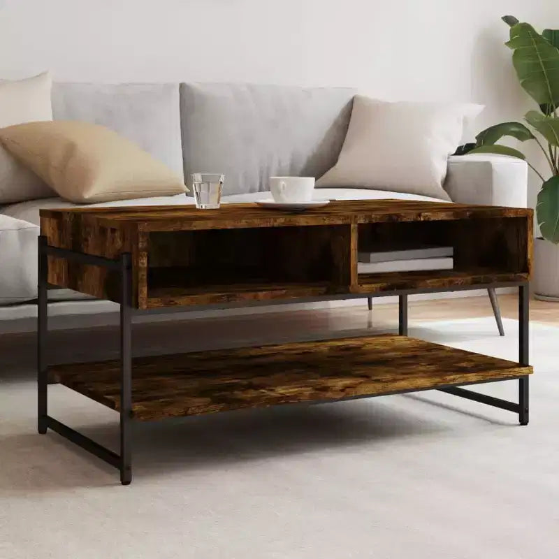 vidaXL Smoked Oak Engineered Wood Coffee Table - Rectangular Centerpiece for Living Room, Lounge with Metal Frame, Storage, and Adjustable Feet