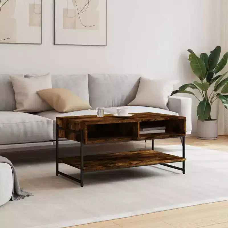 vidaXL Smoked Oak Engineered Wood Coffee Table - Rectangular Centerpiece for Living Room, Lounge with Metal Frame, Storage, and Adjustable Feet