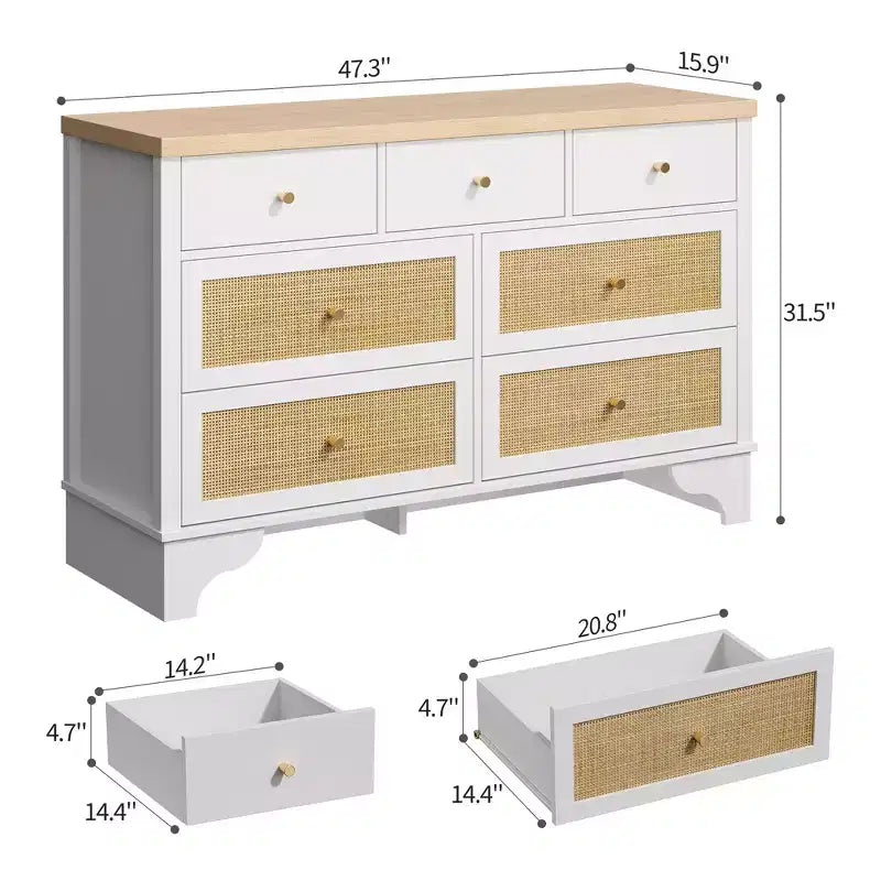 sun 7-Drawer Double Dresser: 47.3 Wide Large Capacity Wooden Chest with Built-in Drawer Organizer Maximize Storage for Living Room/Entryway