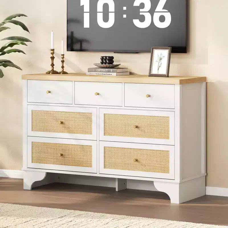 sun 7-Drawer Double Dresser: 47.3 Wide Large Capacity Wooden Chest with Built-in Drawer Organizer Maximize Storage for Living Room/Entryway