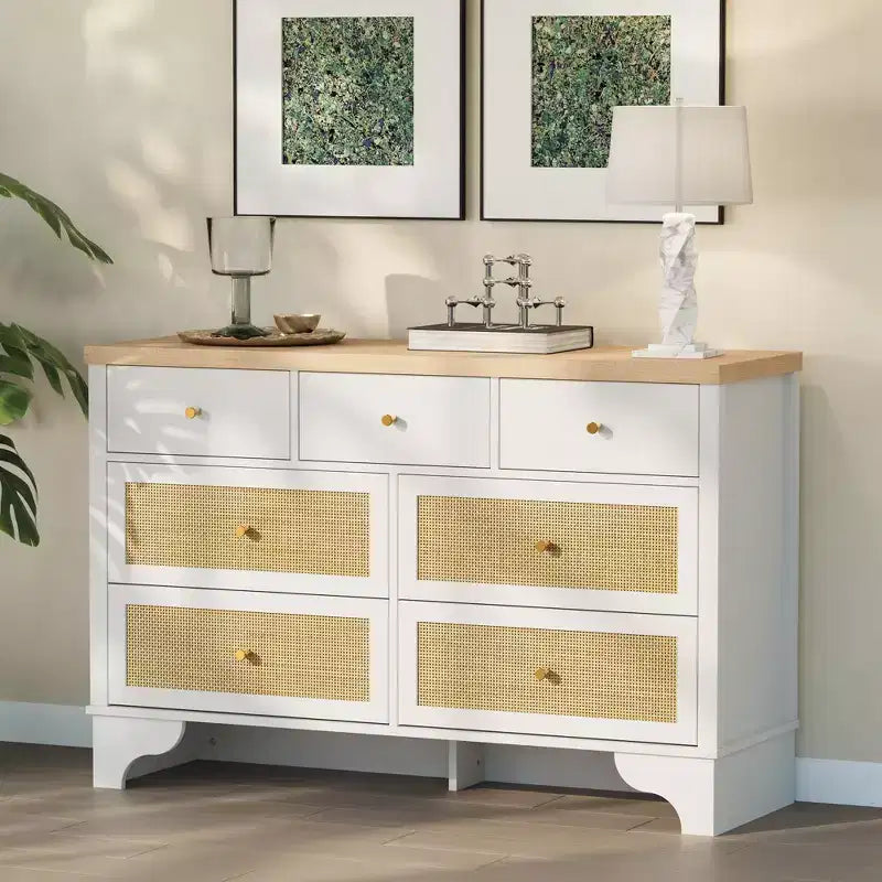 sun 7-Drawer Double Dresser: 47.3 Wide Large Capacity Wooden Chest with Built-in Drawer Organizer Maximize Storage for Living Room/Entryway