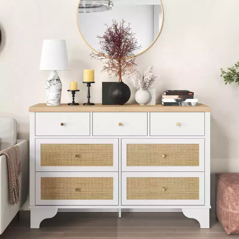 sun 7-Drawer Double Dresser: 47.3 Wide Large Capacity Wooden Chest with Built-in Drawer Organizer Maximize Storage for Living Room/Entryway