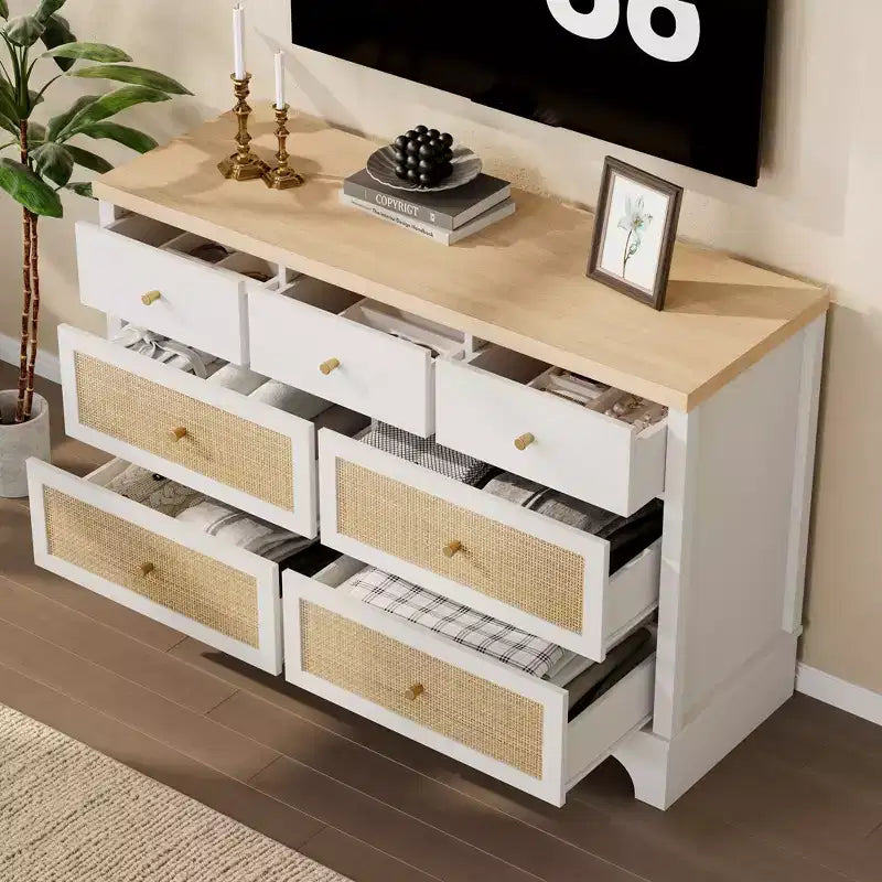 sun 7-Drawer Double Dresser: 47.3 Wide Large Capacity Wooden Chest with Built-in Drawer Organizer Maximize Storage for Living Room/Entryway