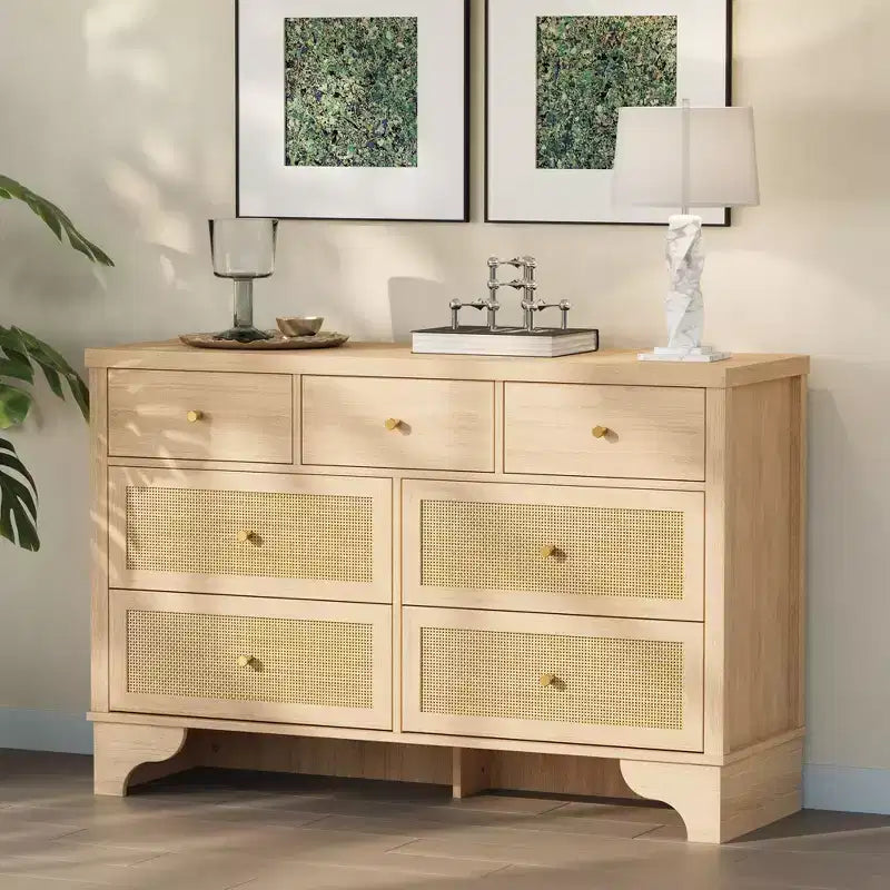 sun 7-Drawer Double Dresser: 47.3 Wide Large Capacity Wooden Chest with Built-in Drawer Organizer Maximize Storage for Living Room/Entryway