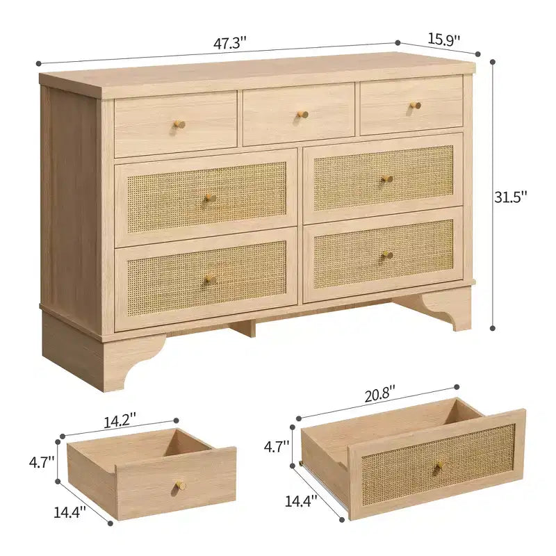 sun 7-Drawer Double Dresser: 47.3 Wide Large Capacity Wooden Chest with Built-in Drawer Organizer Maximize Storage for Living Room/Entryway