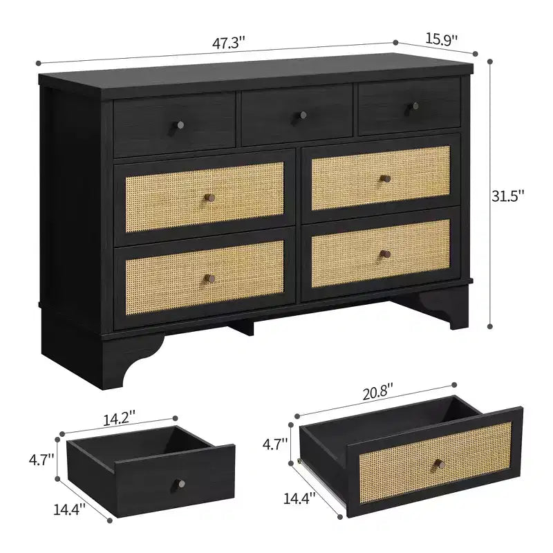 sun 7-Drawer Double Dresser: 47.3 Wide Large Capacity Wooden Chest with Built-in Drawer Organizer Maximize Storage for Living Room/Entryway