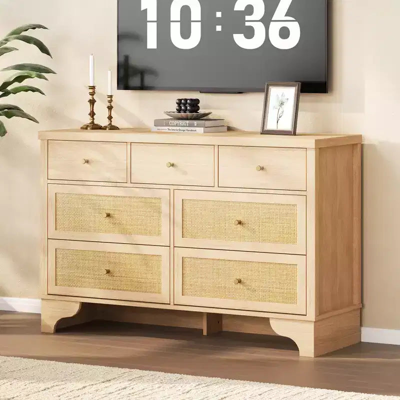 sun 7-Drawer Double Dresser: 47.3 Wide Large Capacity Wooden Chest with Built-in Drawer Organizer Maximize Storage for Living Room/Entryway