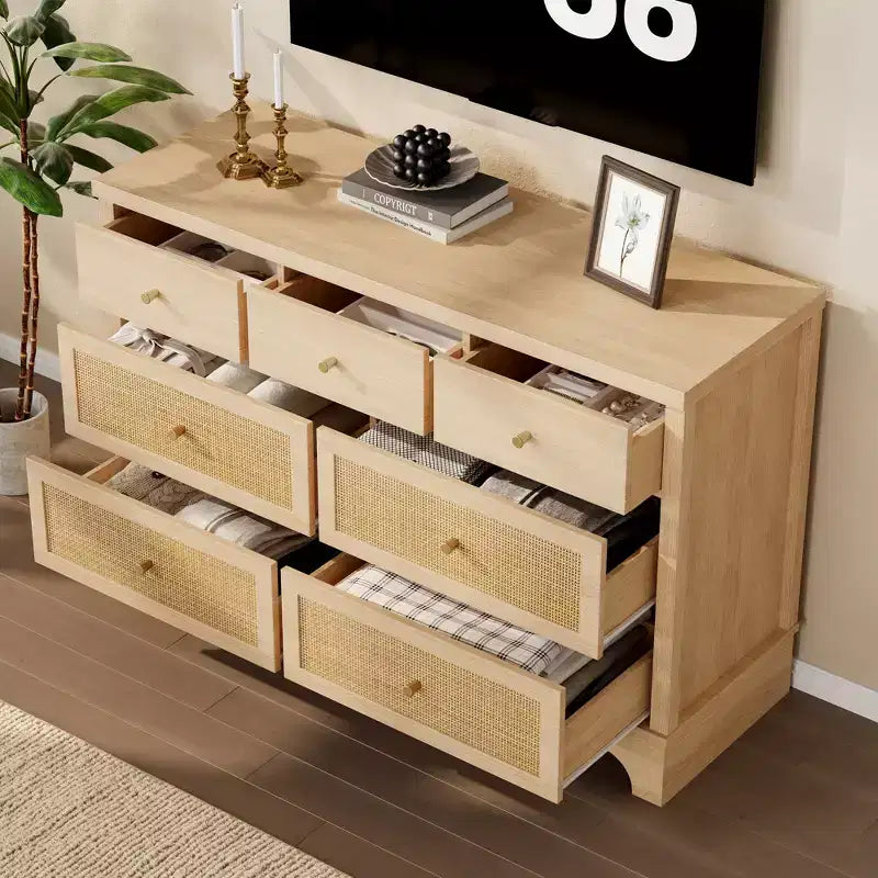 sun 7-Drawer Double Dresser: 47.3 Wide Large Capacity Wooden Chest with Built-in Drawer Organizer Maximize Storage for Living Room/Entryway