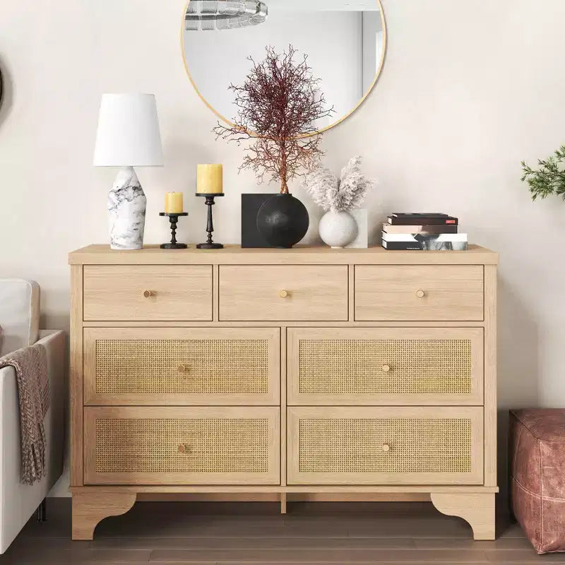 sun 7-Drawer Double Dresser: 47.3 Wide Large Capacity Wooden Chest with Built-in Drawer Organizer Maximize Storage for Living Room/Entryway
