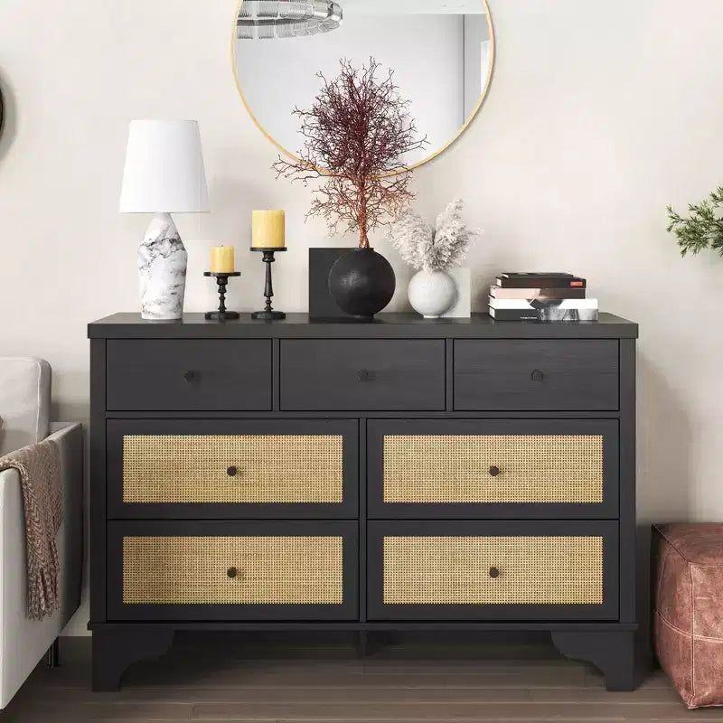 sun 7-Drawer Double Dresser: 47.3 Wide Large Capacity Wooden Chest with Built-in Drawer Organizer Maximize Storage for Living Room/Entryway